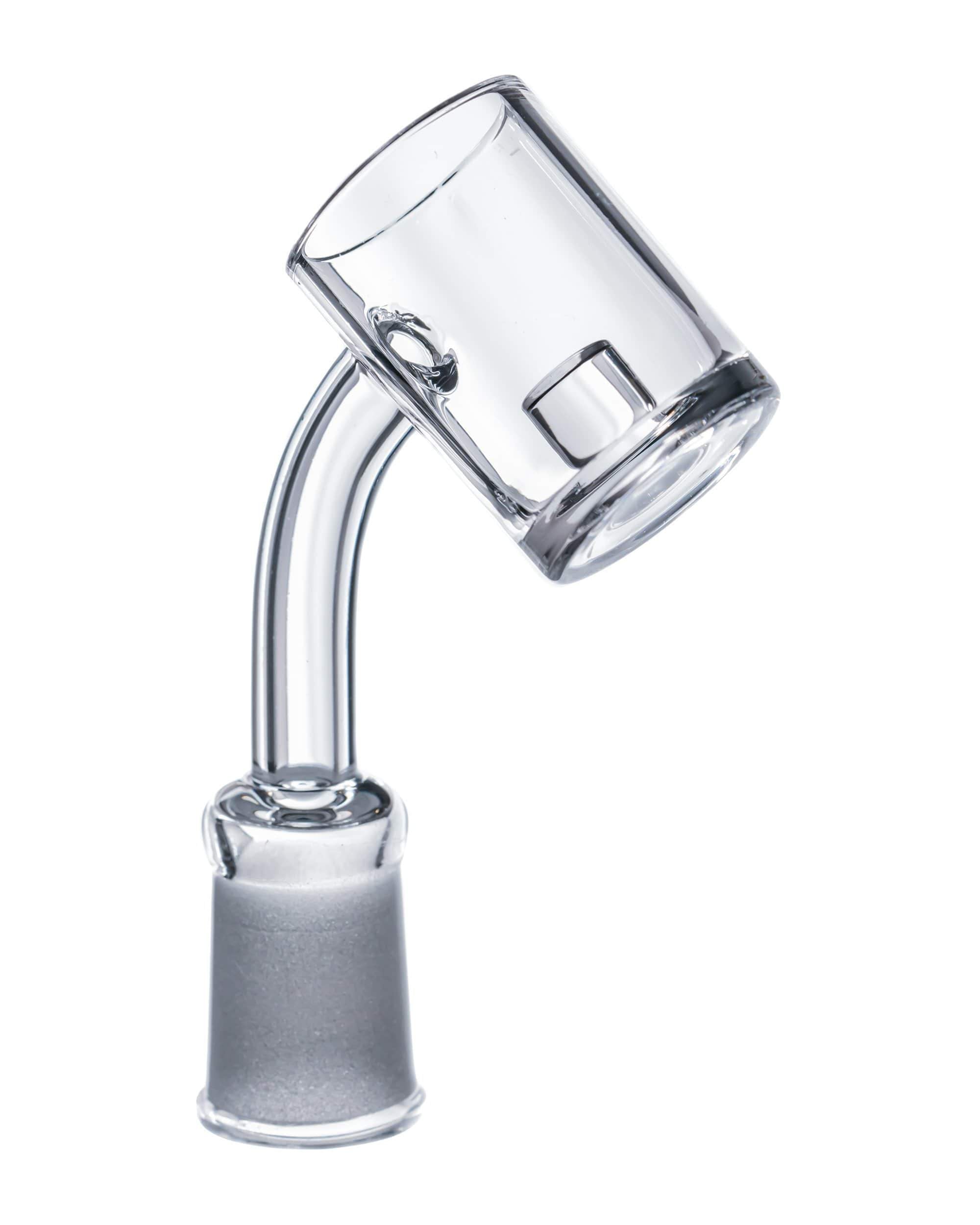 A close-up, angled view of the Quartz Core Reactor Banger Nail, showcasing its clear glass construction and bowl-shaped design.