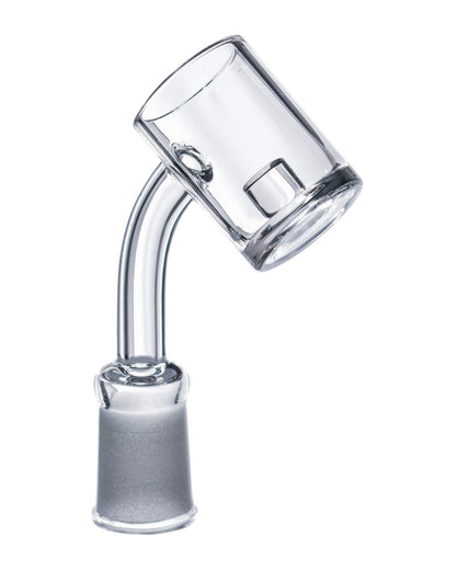 A close-up, angled view of the Quartz Core Reactor Banger Nail, showcasing its clear glass construction and bowl-shaped design.