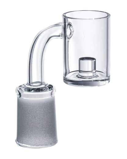 A close-up shows the Quartz Core Reactor Banger Nail, a clear glass insert with a cylindrical core, angled against a dark background.