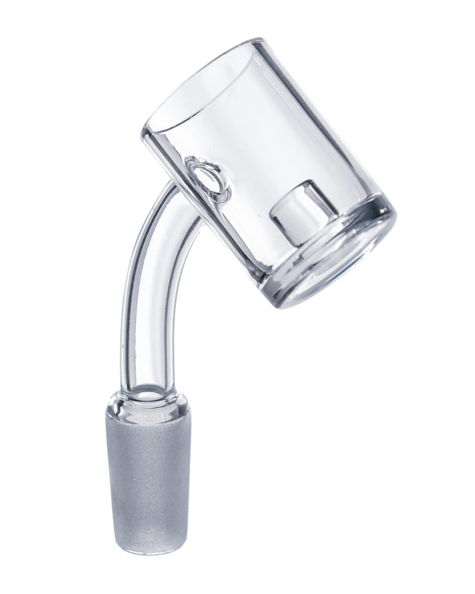 A slightly angled view of the Quartz Core Reactor Banger Nail, showcasing its clear glass construction and rounded core.