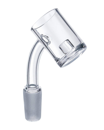 A slightly angled view of the Quartz Core Reactor Banger Nail, showcasing its clear glass construction and rounded core.