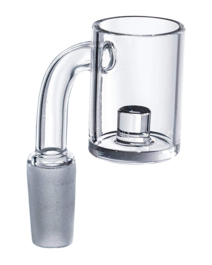 A close-up, angled view of the Quartz Core Reactor Banger Nail, showcasing its clear quartz construction and cylindrical shape.