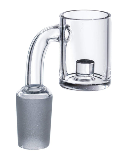 A close-up view of the Quartz Core Reactor Banger Nail, displaying its clear glass construction and bowl-like shape.