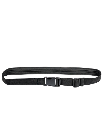 Overhead view of the Secret Stash Belt, a black strap with a plastic buckle, laying flat on a white background.