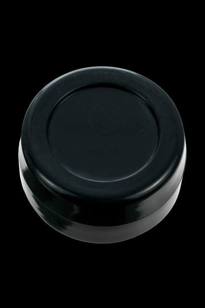 Black cannabis storage container, top view.