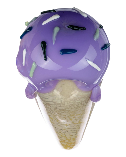 A front view of the Single Scoop Ice Cream Spoon Pipe, resembling a purple and white ice cream cone with visible detailing.