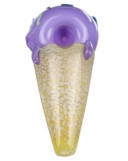 A studio shot of the Single Scoop Ice Cream Spoon Pipe, showing its pale blue and textured glass design.