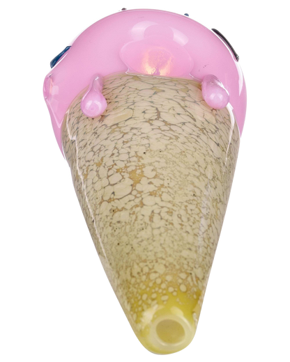 A close-up, angled view of the Single Scoop Ice Cream Spoon Pipe, showcasing its sculpted glass design.