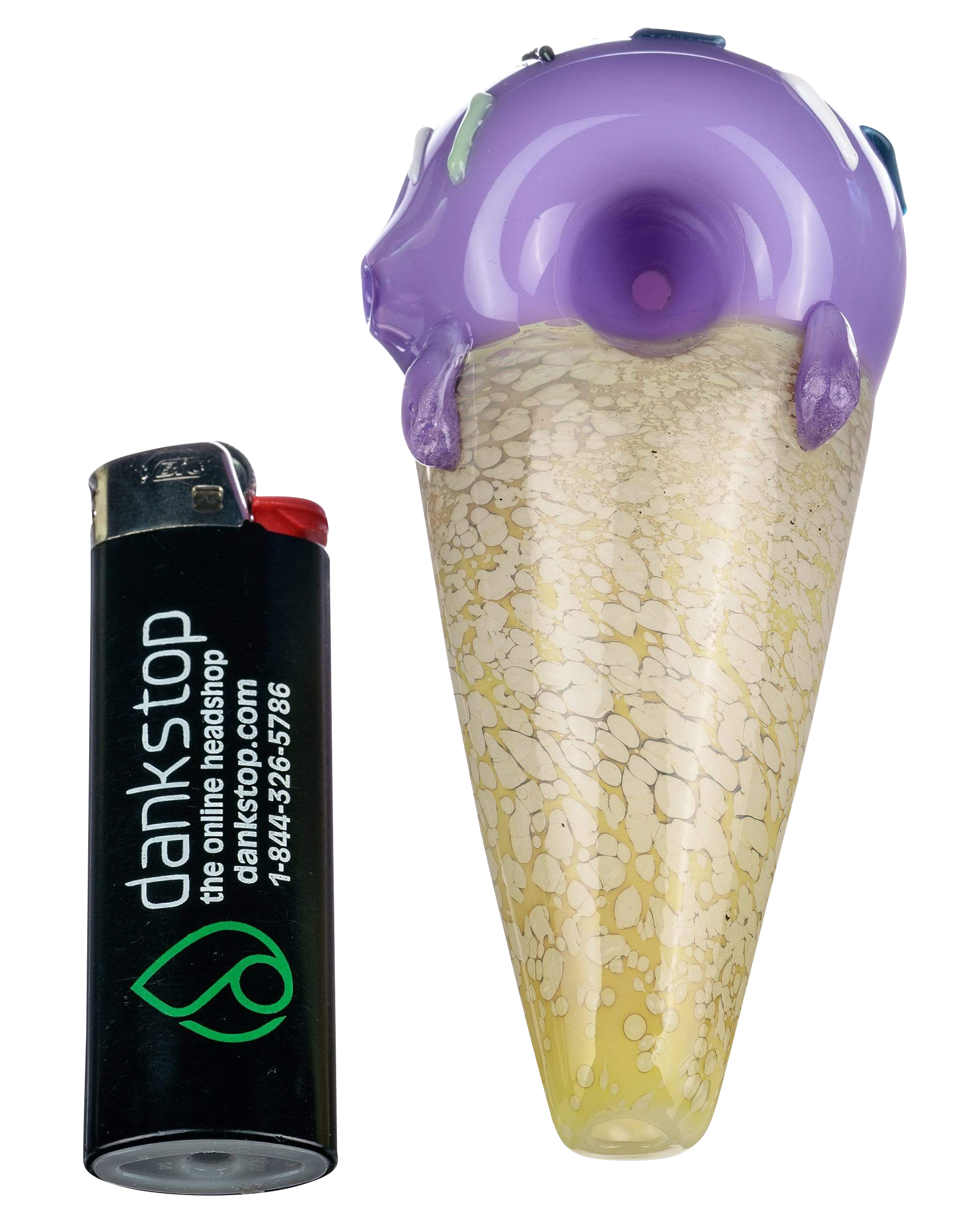 A detailed, angled view of the Single Scoop Ice Cream Spoon Pipe, resembling a melting ice cream cone with a colored mouthpiece.