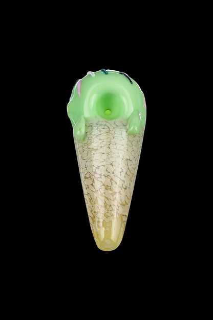 A detailed side view of the Single Scoop Ice Cream Spoon Pipe, showing its textured, cream-colored glass design.