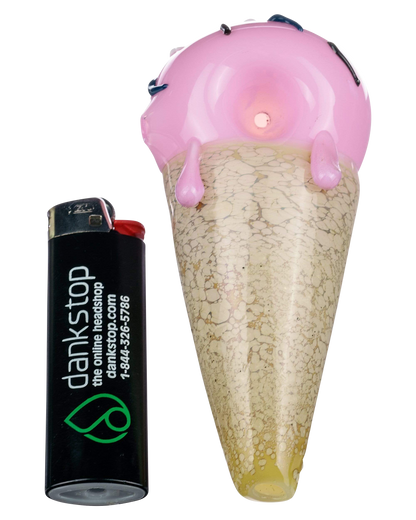 The Single Scoop Ice Cream Spoon Pipe is shown in a close-up, angled view highlighting its colorful, sculpted design.