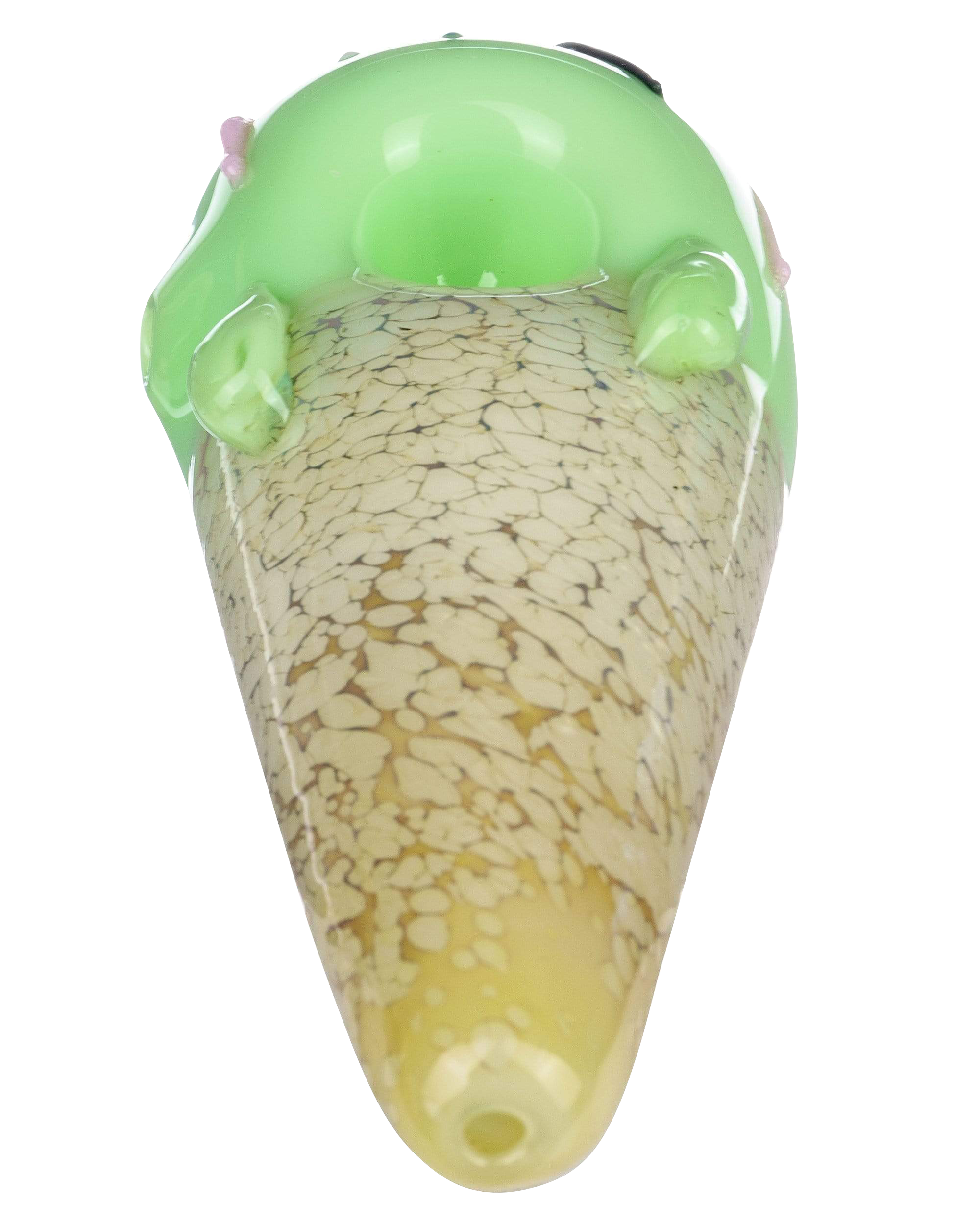 A side view of the Single Scoop Ice Cream Spoon Pipe, showcasing its sculpted, colorful glass design.