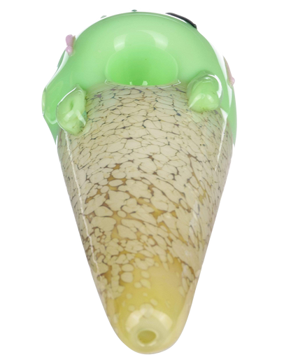 A side view of the Single Scoop Ice Cream Spoon Pipe, showcasing its sculpted, colorful glass design.
