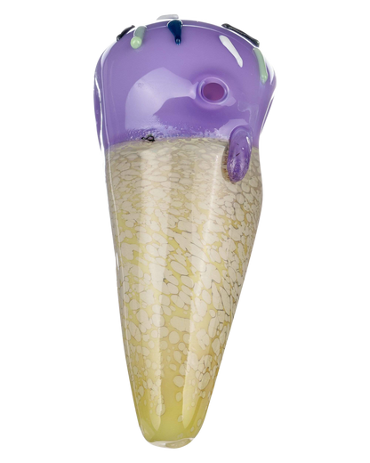 A studio shot of the Single Scoop Ice Cream Spoon Pipe, showcasing its spoon-shaped glass body with a gradient from amber to clear.
