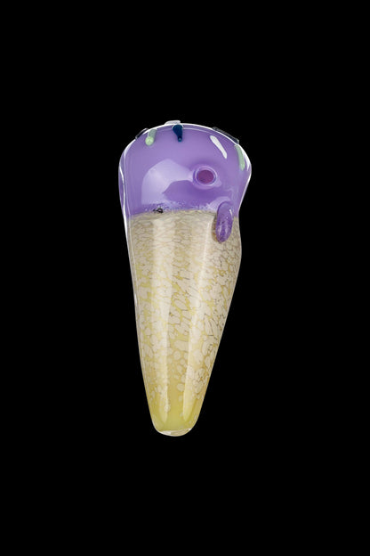 A close-up side view of the Single Scoop Ice Cream Spoon Pipe, showcasing its clear glass and curved design.