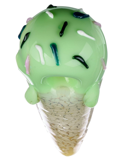 A close-up, angled view of the Single Scoop Ice Cream Spoon Pipe, featuring a smooth, sculpted design in shades of green.