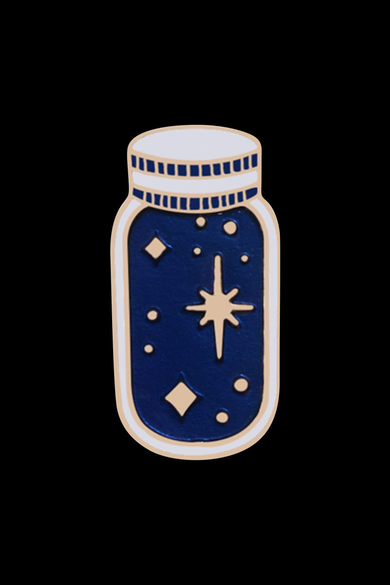 The Starry Jar Enamel Pin displays a dark blue jar silhouette with tiny white stars against a black background.