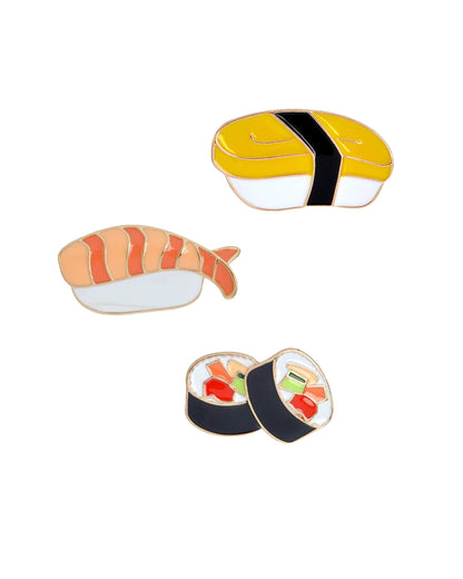 A top-down view of the Sushi Enamel Pin - 3 Pack, showing three colorful, cartoon sushi roll pins against a plain white background.