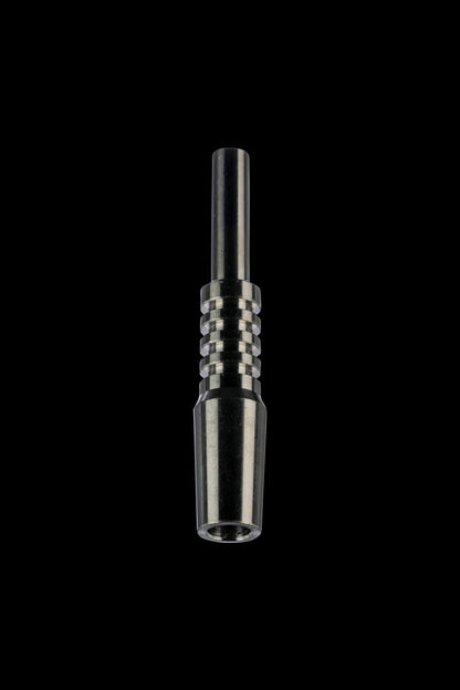 A close-up, angled view of the Titanium Nectar Collector Tip, showing its polished metallic surface and slender design.