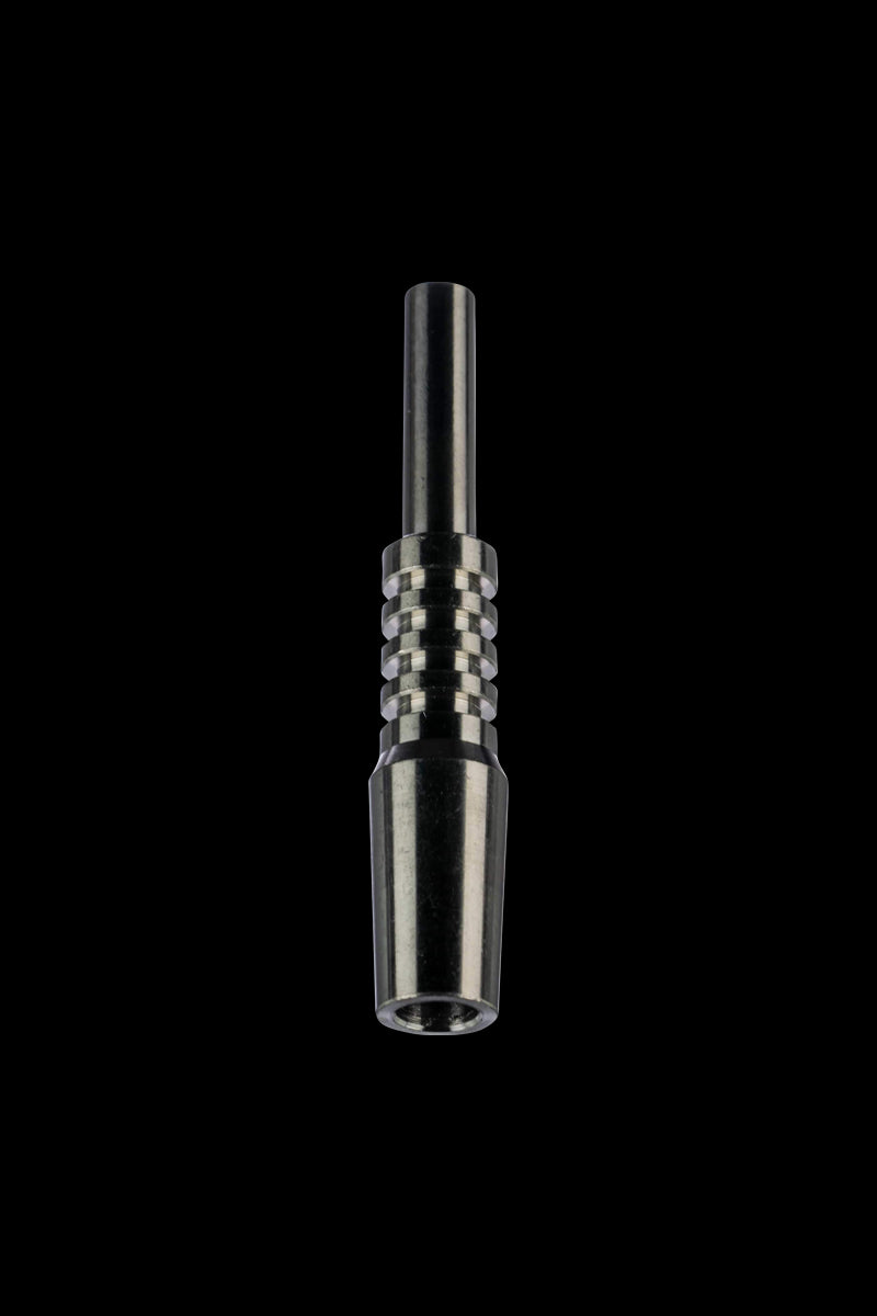 A close-up, angled view of the Titanium Nectar Collector Tip, showing its polished metallic surface and slender design.