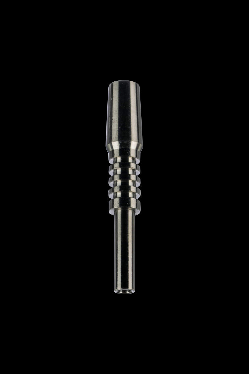 A close-up, angled view of the Titanium Nectar Collector Tip, showcasing its sleek, metallic construction.