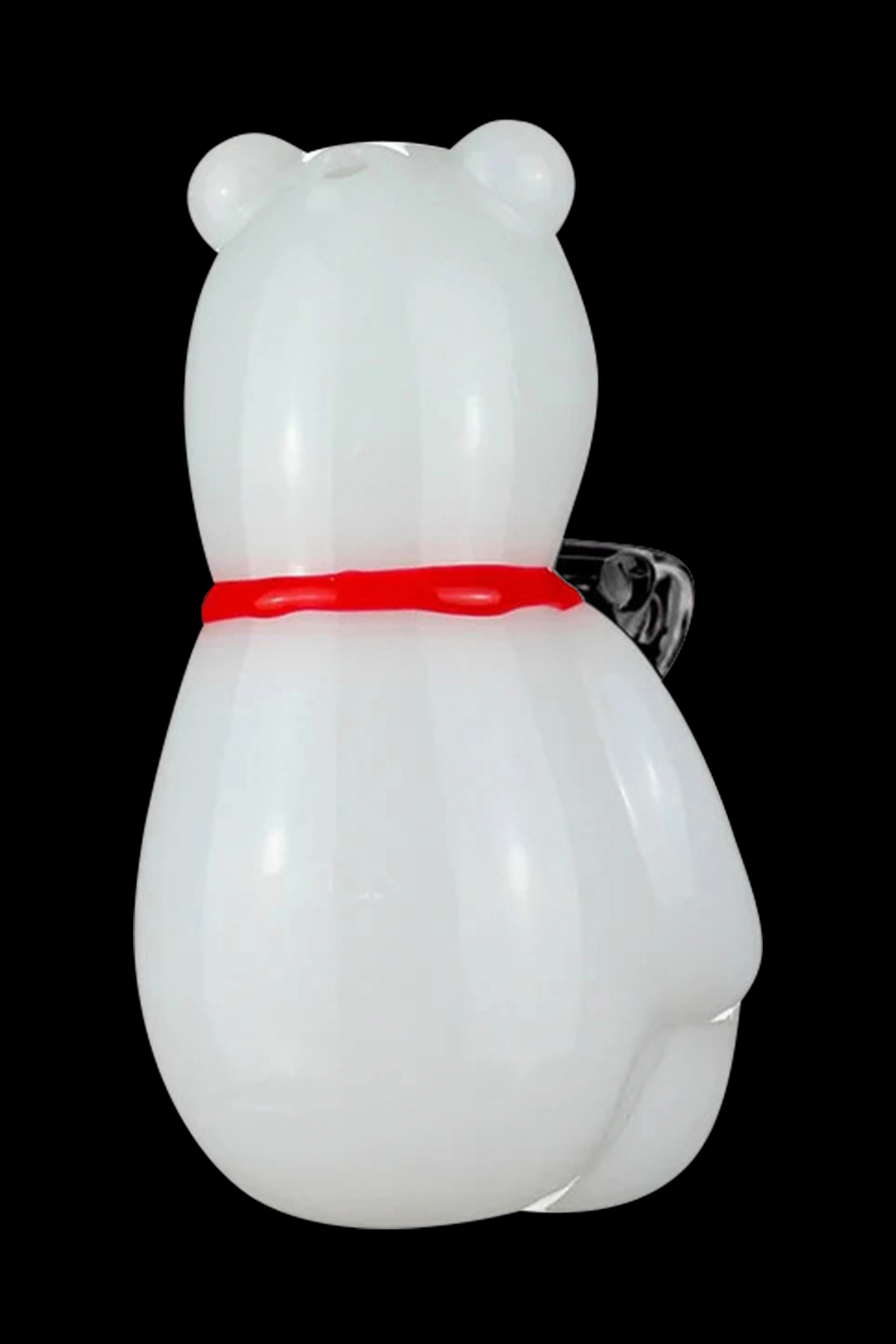 White snowman-shaped water pipe with a red band and glass bowl.