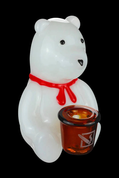 A white polar bear-shaped pipe holding a brown glass bowl.