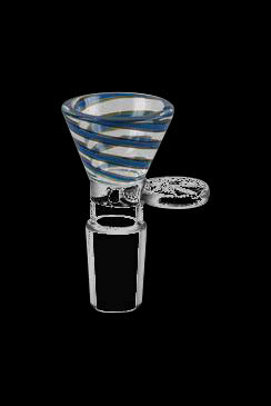 Glass cannabis bowl with blue and white swirl pattern. - 14.5mm Color Swirl Herb Slide