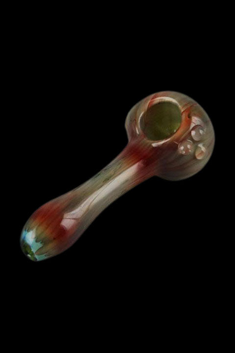 Hand pipe with red, green, and amber glass swirls.