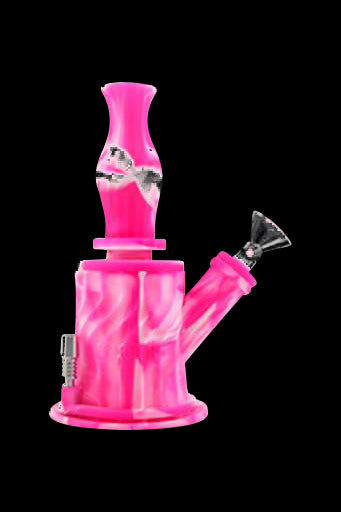 Pink glass water pipe with swirling white accents.