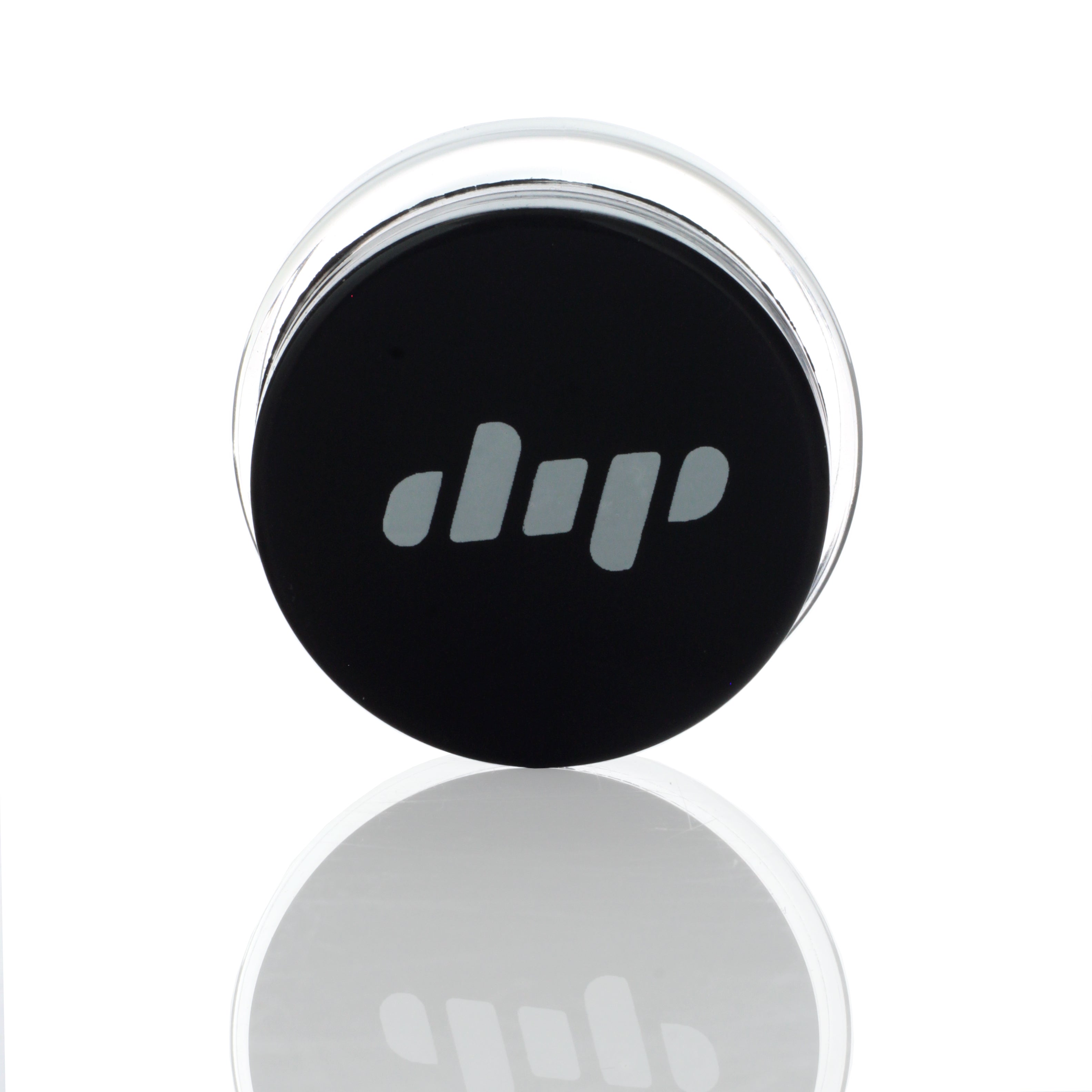 A studio shot of the Dip Devices 9mL Glass Container reflecting on a glossy surface.