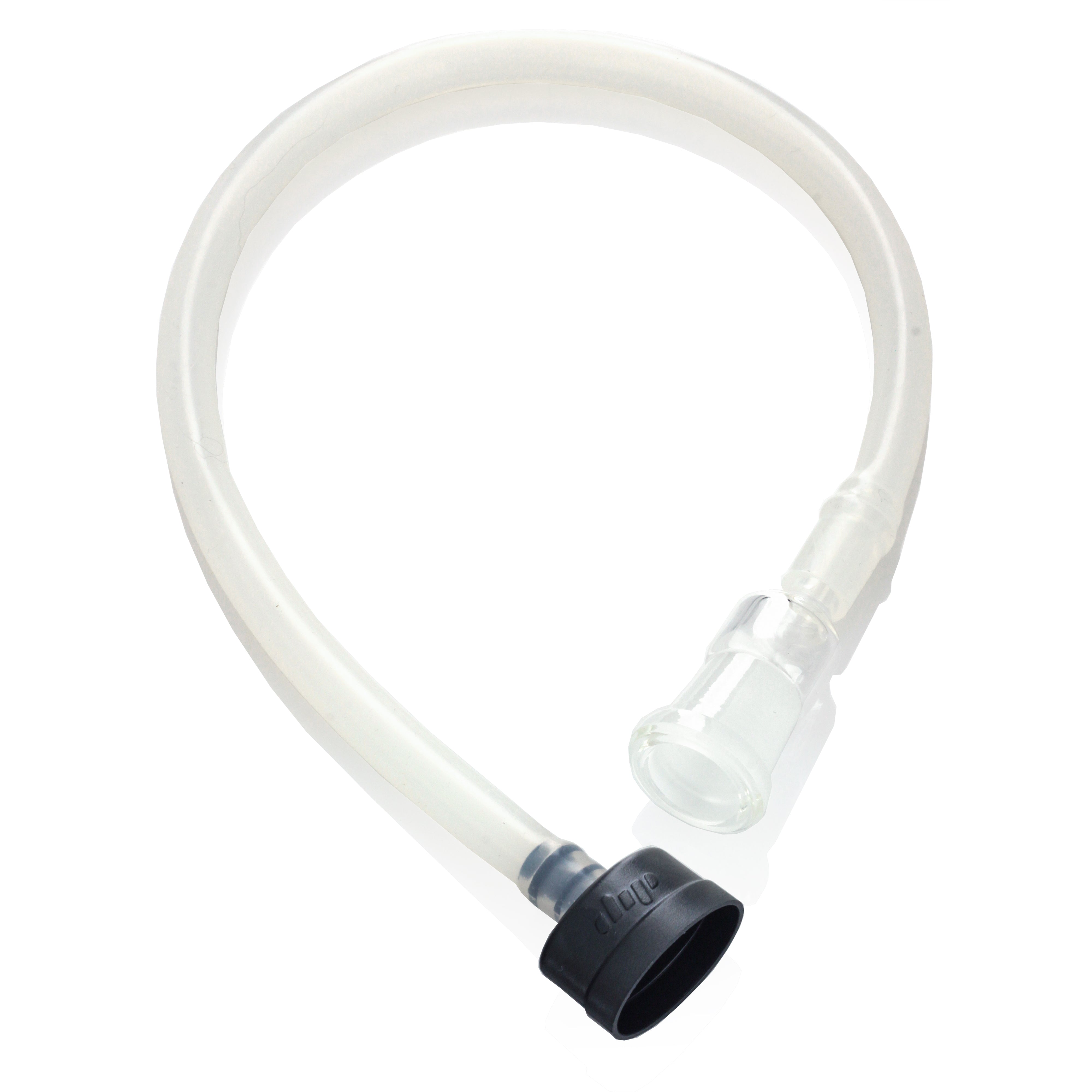 A close-up, angled view of the Dip Devices DipWhip Attachment, showing its clear, curved glass construction.