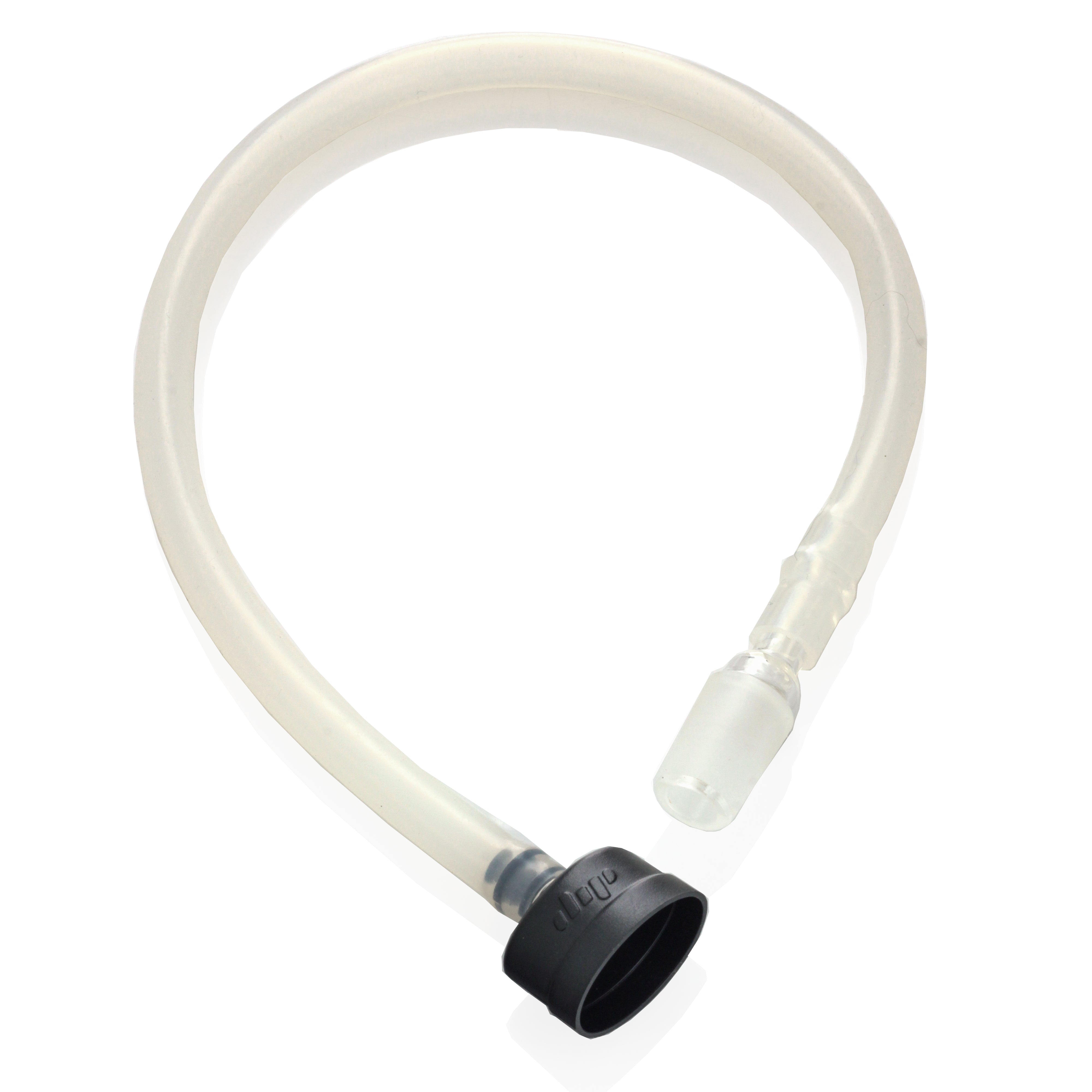 A close-up view of the Dip Devices DipWhip Attachment, a clear, curved tube with a black connector.