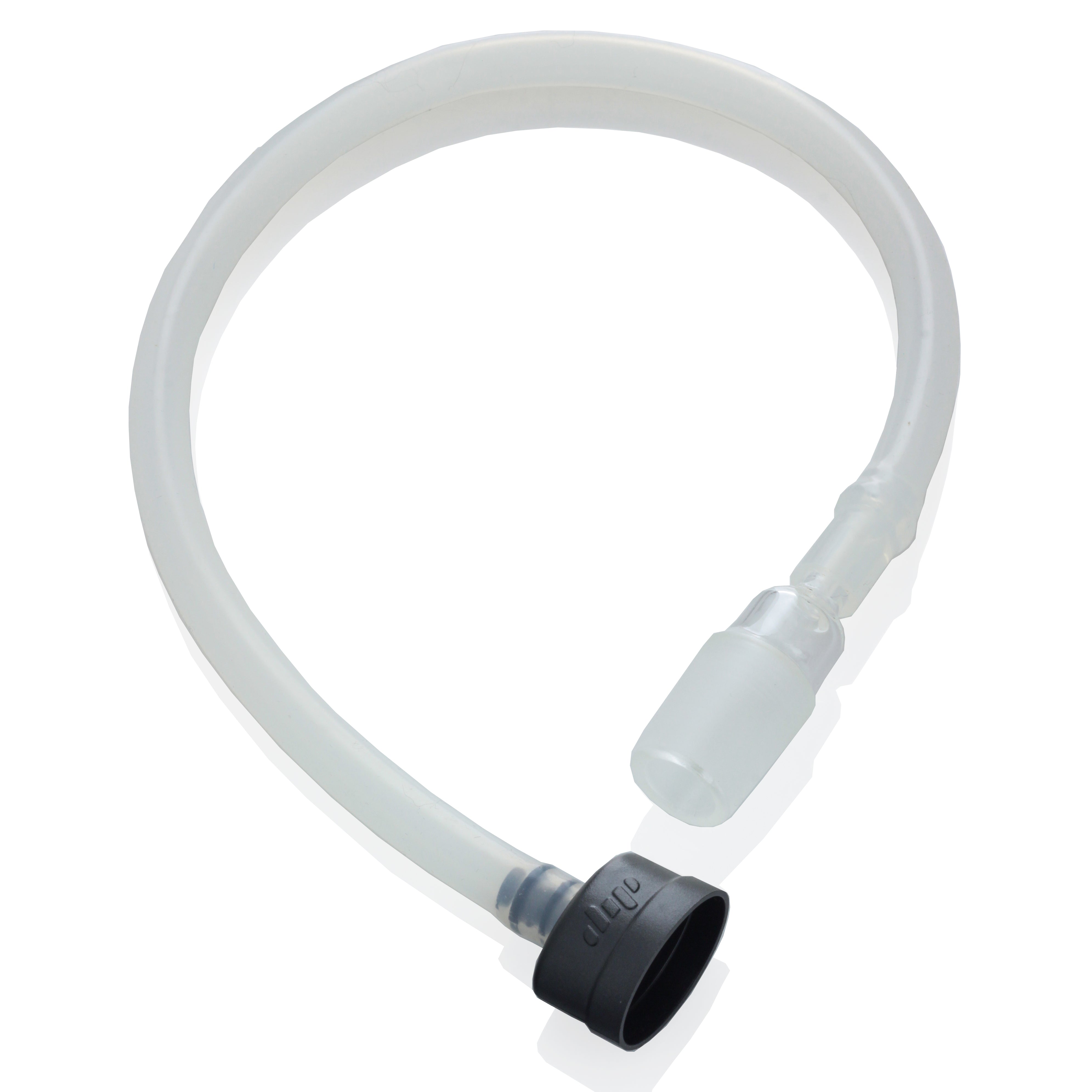 A detailed side view of the Dip Devices DipWhip Attachment, featuring a clear, curved tube connected to a black mouthpiece.