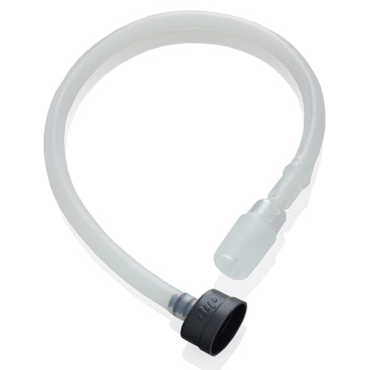 A detailed side view of the Dip Devices DipWhip Attachment, featuring a clear, curved tube connected to a black mouthpiece.