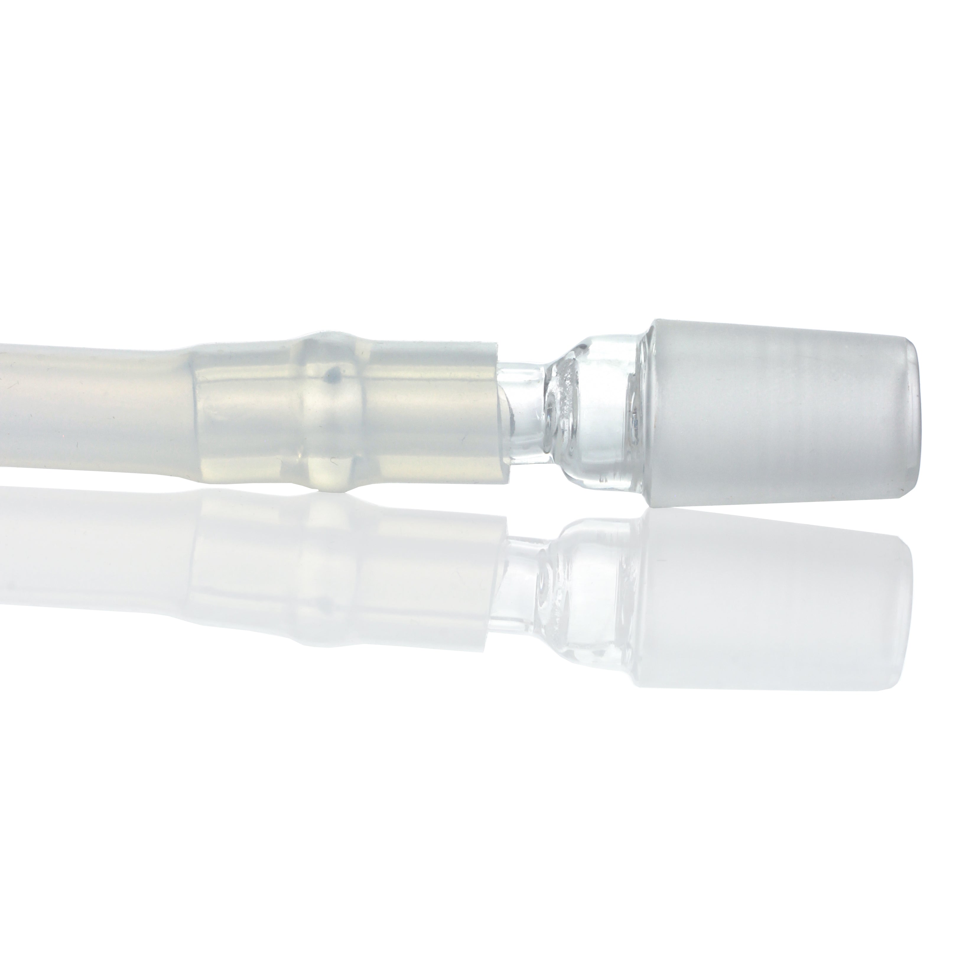 A side view of the Dip Devices DipWhip Attachment, showcasing its clear glass construction and smooth, cylindrical shape.