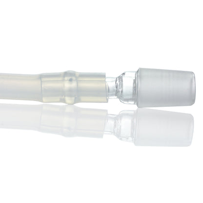 A side view of the Dip Devices DipWhip Attachment, showcasing its clear glass construction and smooth, cylindrical shape.