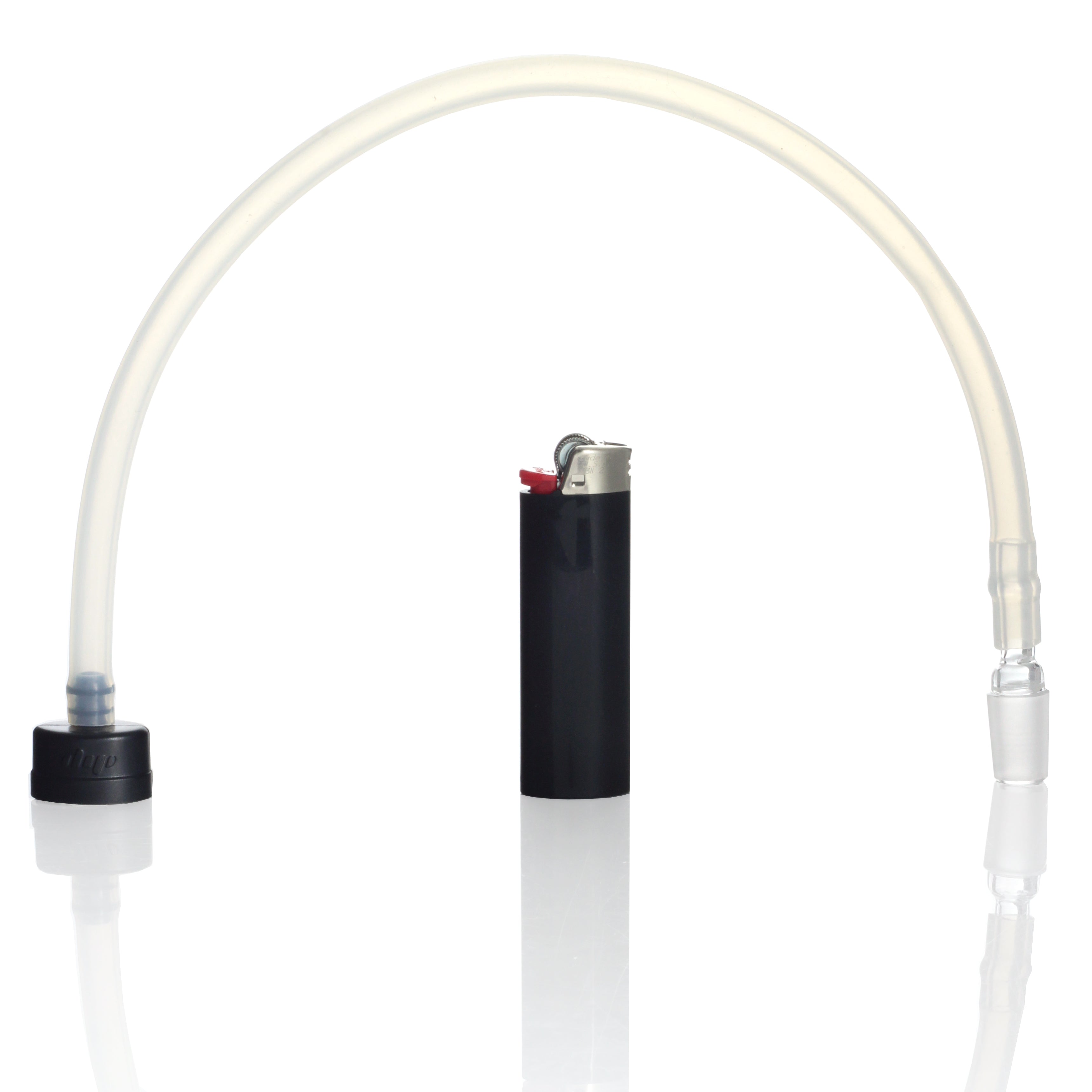 A studio shot displays the Dip Devices DipWhip Attachment curving above a lighter on a reflective surface.
