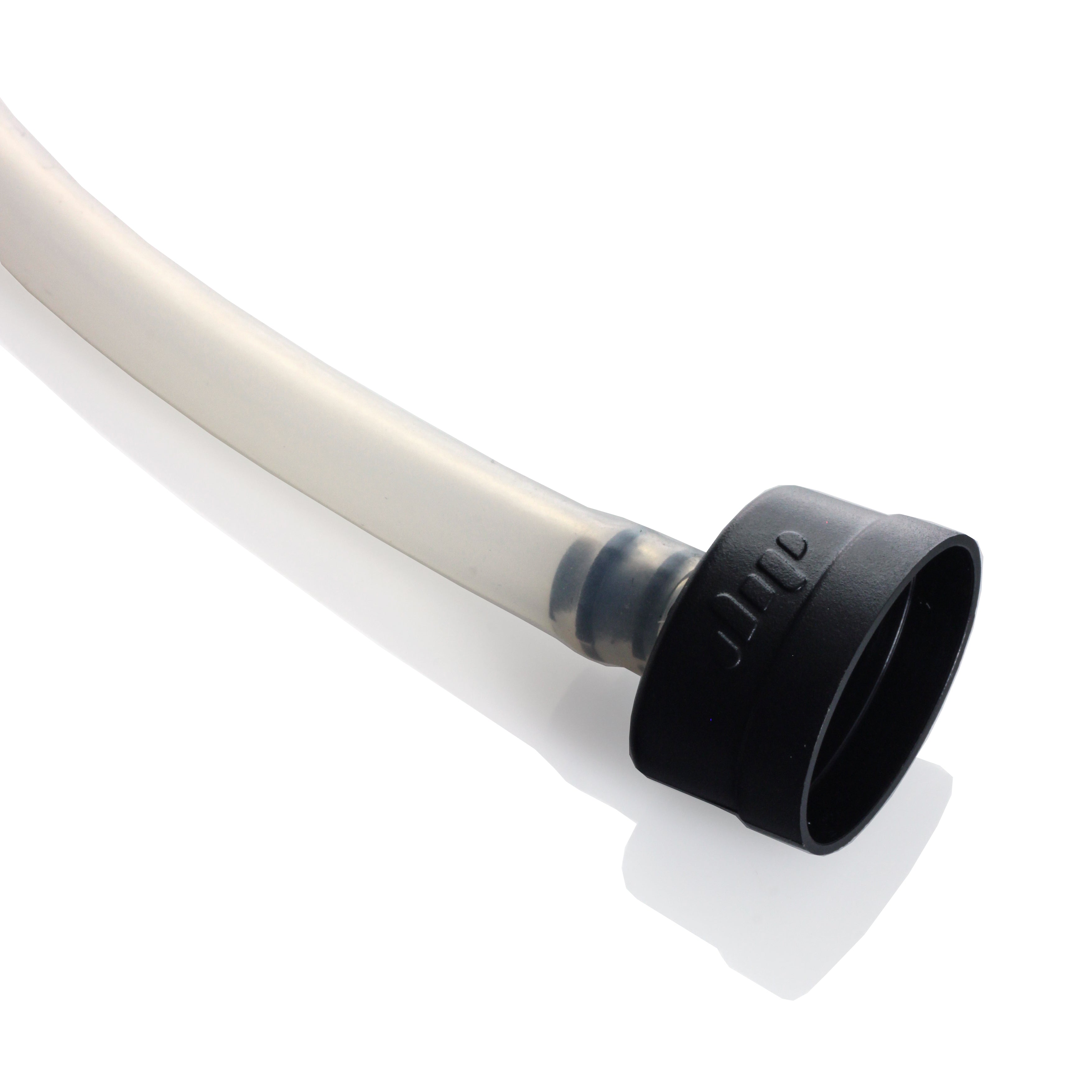 Close-up view of the Dip Devices DipWhip Attachment connected to a clear tube, highlighted by soft, even lighting.