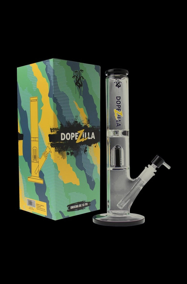 Front view of the Dopezilla Hydra Water Pipe with a colorful, patterned design and clear glass construction.