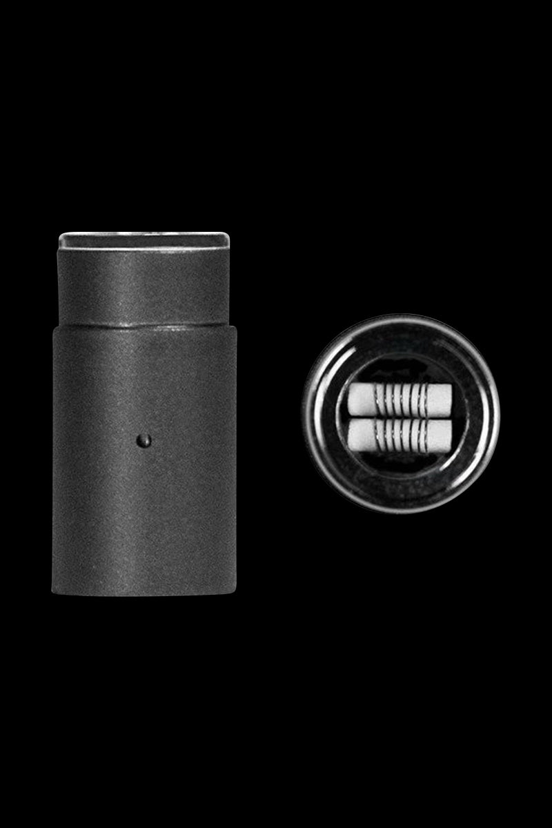 Close-up of the Aurora Dual Ceramic Atomizer, showcasing its ceramic coil detail against a dark background.