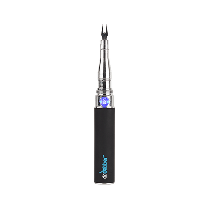 A close-up, angled shot of the Dr. Dabber Budder Cutter, showcasing its silver metallic construction and slender design.