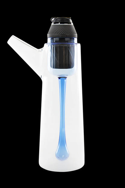 Glass cannabis water pipe with blue accents and a black mouthpiece.