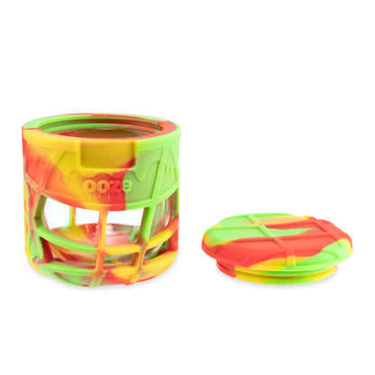 Colorful silicone cannabis storage jar with lid.