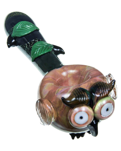 Front view of the Empire Glassworks "The Owl" Mini Glass Spoon Pipe, showcasing detailed sculpting and a dark, glossy finish.