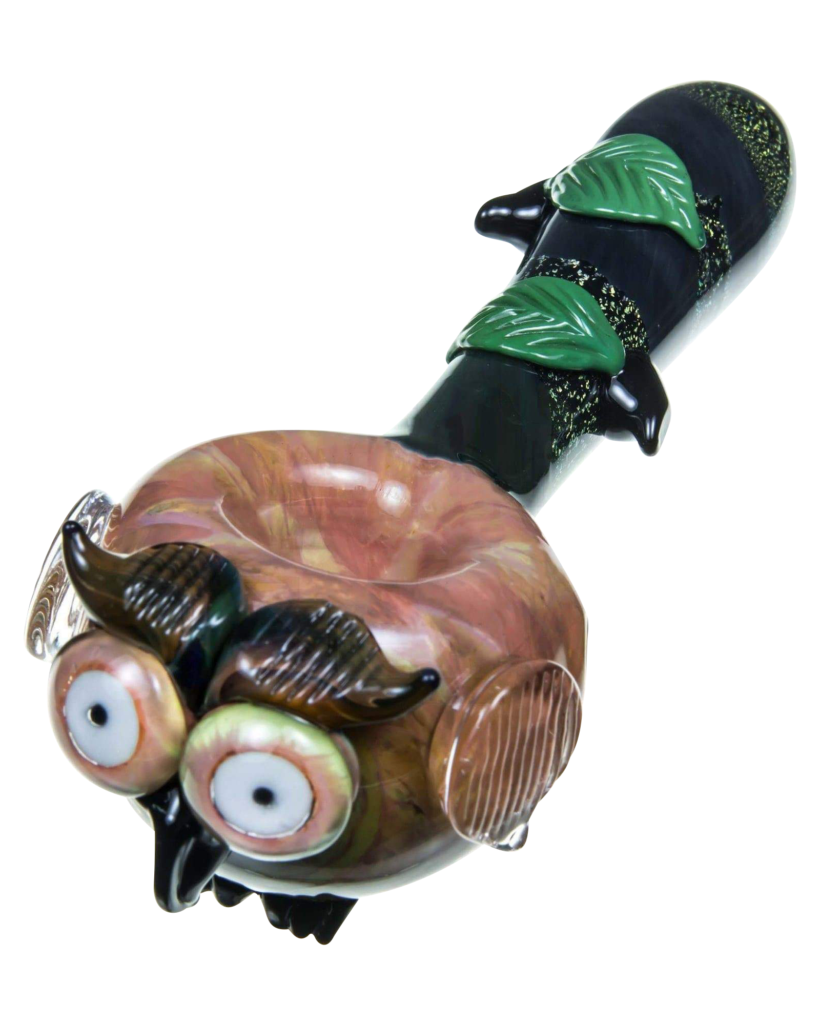 A detailed close-up of the Empire Glassworks "The Owl" Mini Glass Spoon Pipe, showing its sculpted design and dark glass finish.