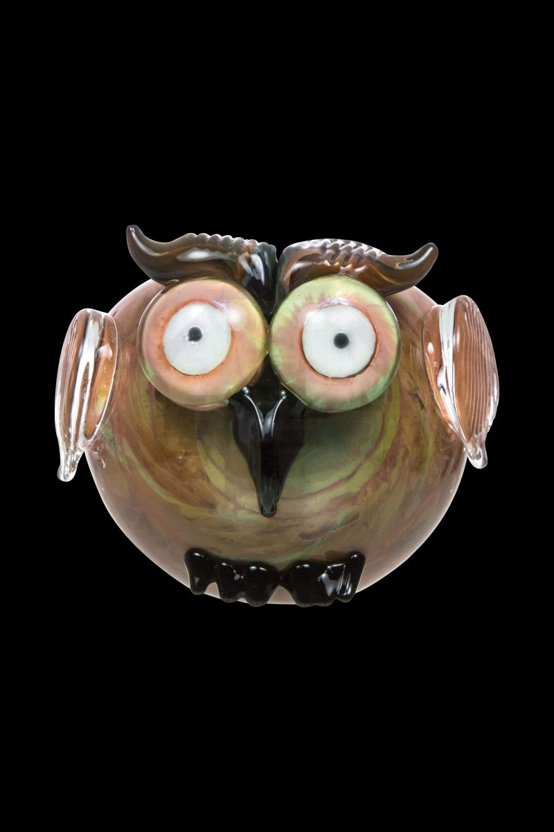 Front view of the Empire Glassworks "The Owl" Mini Glass Spoon Pipe, showing a detailed, sculpted owl head in colorful glass.