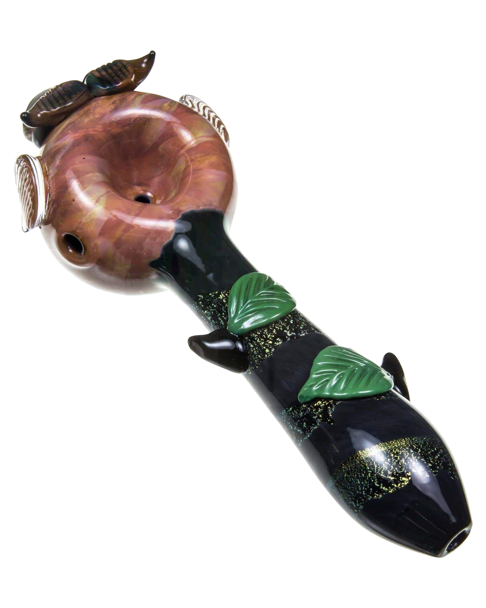 A detailed side view of the Empire Glassworks "The Owl" Mini Glass Spoon Pipe, featuring sculpted feather details and a rich amber hue.