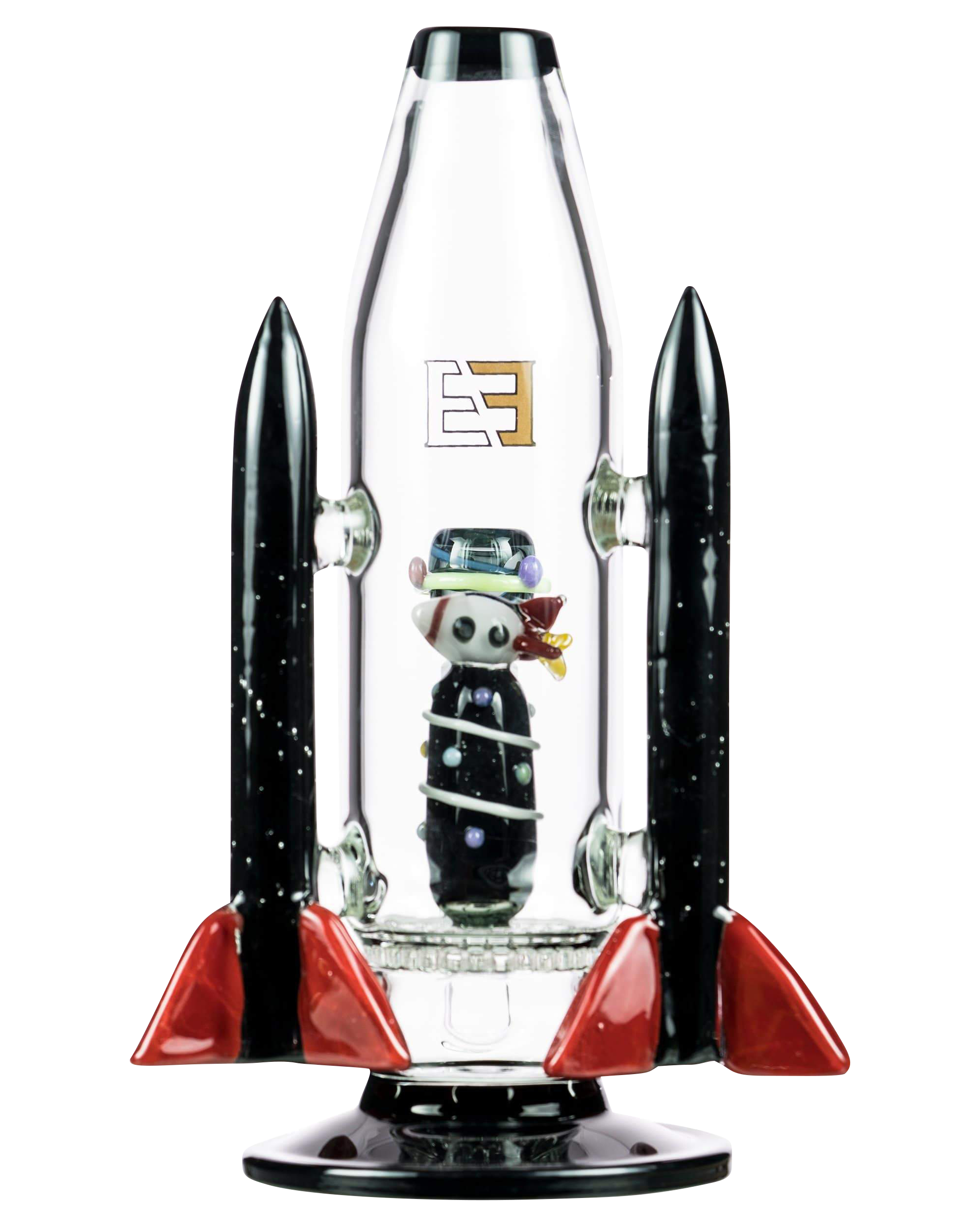 Front view of the Empire Glassworks Galactic Flagship Bong, featuring a spaceship-like design with red fins and a clear glass body.