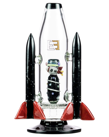 Front view of the Empire Glassworks Galactic Flagship Bong, featuring a spaceship-like design with red fins and a clear glass body.